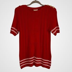 Vintage Nautical Red Short Sleeved Sweater With Gold Buttons S